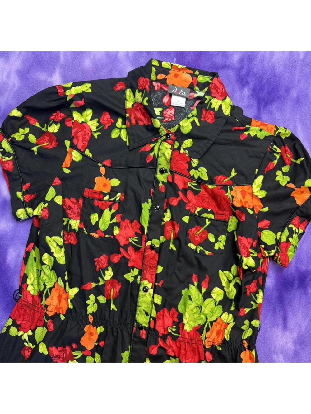 Dots Black floral button up shirt dress retro aesthetic